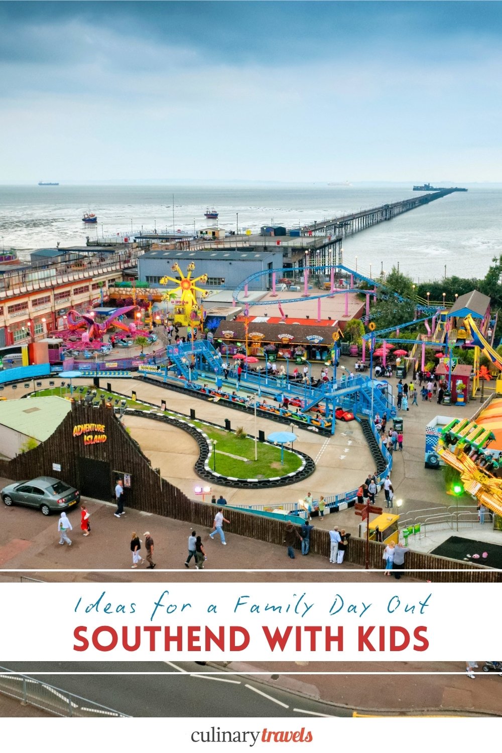 Social graphic for a family day out in Southend-on-Sea, showing Adventure Island rides with Southend Pier stretching into the Thames Estuary.